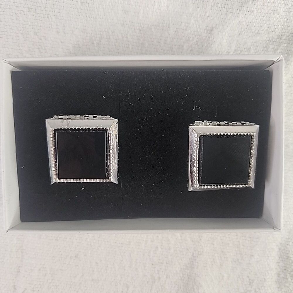 Cufflinks Dante Black Onyx Stone & Textured Silver Tone Finish Simple Vintage